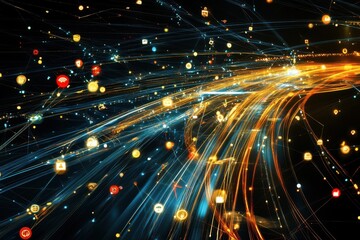 Poster - Network of digital connections illuminated by vibrant light trails across a dark background, network of connections with icons over light trails on black background