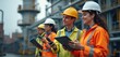 © Pete - Team of industrial engineers collaborate on new project, wearing hard hats, high visibility vests. Man, woman with tablet at gas separation plant. Pro teamwork, safety, refinery work. Construction
