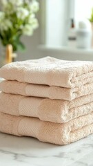 Poster - A collection of towels arranged neatly on a kitchen or bathroom counter, perfect for use as a prop in your next production
