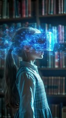 Poster - A young girl wearing a virtual reality headset stands in front of a bookshelf, surrounded by books and technology
