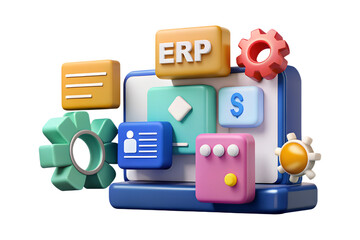 Poster - 3D Render of ERP System and Business Process Icons on Laptop