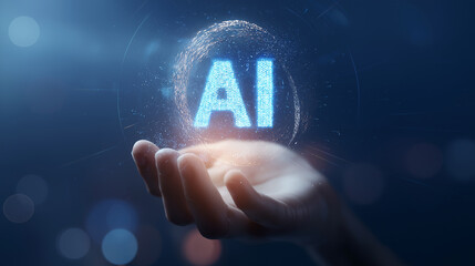 Poster - glowing ai symbol hovering above a human hand in a dark digital environment.
