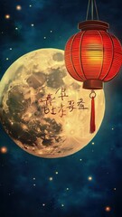 Poster - A bright full moon shines in the sky as a traditional Chinese lantern sits in the foreground