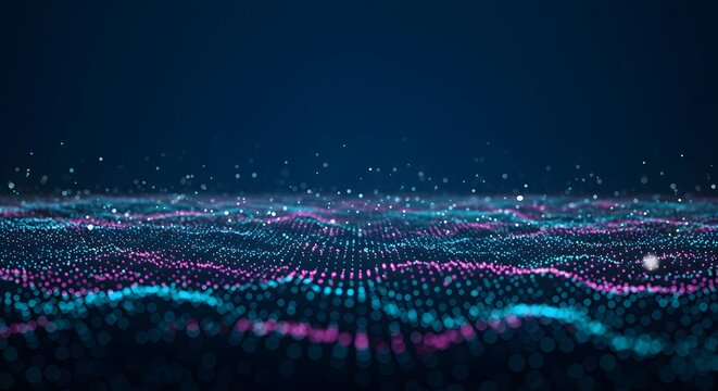 Abstract Digital Waveform Futuristic Technology Background with Pink and Teal Particles