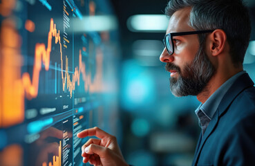 Poster - Man analyzing charts. Businessman working with data. High-tech screen with financial statistics. Data science, finance, investment, trading, business analytics, market research. Modern technologies,