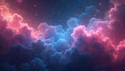 Poster - Abstract illustration features pink blue cosmic clouds with glowing particles. Fantasy backdrop, dreamy artistic design, celestial space artwork, colourful background. Vibrant colour palette.