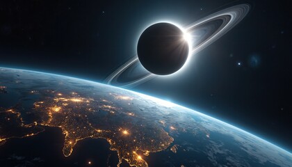 Poster - Dynamic view planet Earth during eclipse. City lights outline continents under shadowed hemisphere. Concept tech innovation, modern communication system, digital transformation concept. Global