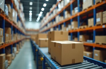 Poster - Cardboard boxes move on conveyor belt. Warehouse fulfillment center, e-commerce delivery. Automation, products, logistics, online shopping, storage, retail. Packages, parcels transportation,