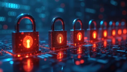 Poster - Cyber data protection concept. Illuminated padlocks on circuit board. Digital security, information safety, cyber crime prevention, data encryption, network security, privacy in cyberspace.