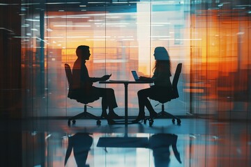 Poster - Business partners engage in collaborative meeting at coworking center during sunset, business partners at a meeting in the coworking center slow motion