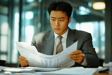 Poster - Business man reviews financial documents in office setting during work hours, business man analyzing business documents and financial schedule