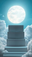 Poster - A serene scene with a white platform floating in the clouds under a bright full moon