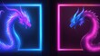 © Fali - Two vibrant dragons, side-by-side, neon-lit, in square frames