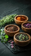 Poster - A variety of spices in wooden bowls on a black surface