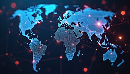 Poster - Digital representation of Earth with network connections, red dots, glowing lines. Global cyberspace, data transmission concept. Communication, technology, internet, cloud, data transfer