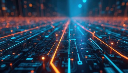 Poster - Digital cyberspace tech abstract background. Network connection design, geometric shape lines, squares, data flow, futuristic digital matrix illustration. Artificial intelligence concept, modern
