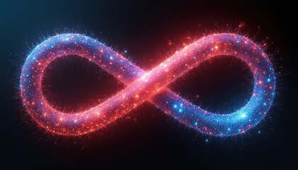 Poster - Abstract illustration of infinity symbol composed glowing particles in vibrant red, blue colors. Symbol of endless possibilities, technology. Futuristic digital design for modern business, creative