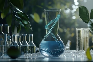 Poster - DNA strand intertwines with beakers and vaccine components in a laboratory setting, dna strand over beakers and vaccine