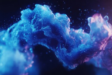 Poster - Blue particles swirling and flowing in a liquid medium with vibrant effects and dynamic motion, Blue Particles Flowing in Liquid