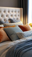 Aufkleber - A bed with a pile of pillows on top, ideal for a cozy and comfortable sleeping space