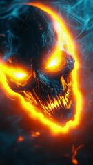 Poster - A close-up shot of a burning skull on a dark, black background