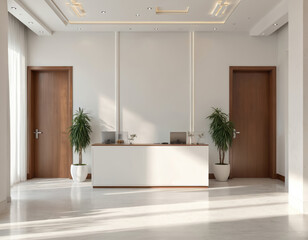 Aufkleber - Modern spa salon interior design. Elegant reception area with white walls, marble floor. Wooden doors, decorative plants. Minimalist design, clean lines, bright space, inviting atmosphere. Ideal for