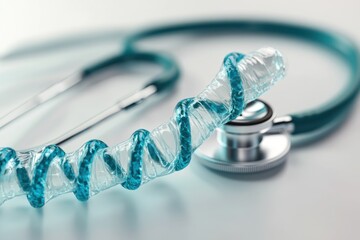 Poster - DNA strand and stethoscope placed over condom on Transparent background emphasizing health and safety, dna strand and stethoscope over condom on PNG background
