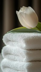 Poster - A single white tulip sits atop a pile of colorful towels, perfect for use in spring-themed images, lifestyle shots, or as a decorative element