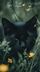 Poster - A black cat with yellow eyes sitting in a field of colorful flowers