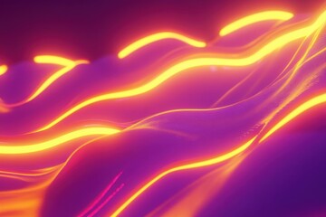 Poster - Vibrant violet and yellow neon waves create an abstract glowing pattern, Violet yellow glowing neon curved waves abstract motion background