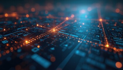 Poster - Abstract digital tech design features dim lights. Lines, waves, network nodes, data structure, connections, elements. Digital visualisation, tech concept. Modern futuristic aesthetic digital