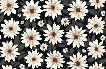 Poster - Seamless floral pattern with white daisies, brown centers, dark leaves on black background. Artificial intelligence generated art for wallpapers, textile design, fabric, invitation. Ideal for