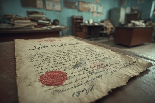 An old, historical document with Arabic script and a prominent red wax seal, laying on a wooden surface in a cluttered room, suggesting a sense of mystery.