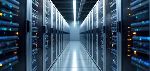 Poster - Modern data center with illuminated servers, bright ambient lighting. Technology cloud computing data storage theme. High-tech industry digital cyberspace system networking, engineering solutions,