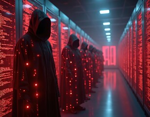 Aufkleber - Mysterious figures cloaked in black robes in a futuristic digital landscape. Red code streams glow around them suggesting digital hackers or cyber threats. Cyber security concept or AI surveillance.