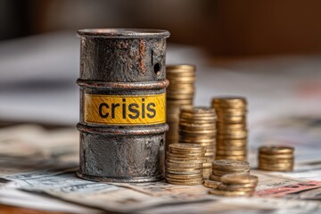Poster - A symbolic representation of the oil and financial crisis with a rusty oil barrel marked with the word CRISIS, surrounded by stacked coins symbolizing economic instability and global challenge.