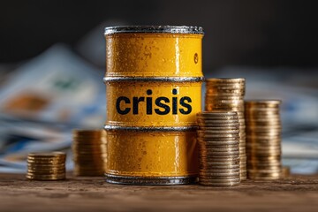 Poster - A yellow barrel with the word 'crisis' on it, accompanied by stacks of coins and dollar bills, symbolizing an economic recession, global financial instability and market volatility.