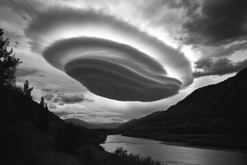 Poster - Timelapse capturing dynamic cloud formations above a serene river landscape, Time-lapse of clouds changing shape over the river