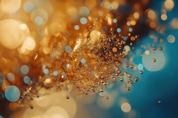 Poster - Captivating abstract motion background with golden particles shimmering in a soft blue hue, Abstract motion background bokeh golden particles effect video