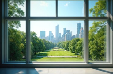 Poster - View through window of urban park with city skyline. Green grass, trees create natural frame. Modern architecture, office, home interior design elements. Bright, fresh space.