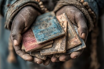 Poster - Hands holding worn and aged bank notes, conveying poverty and economic hardship, showcasing textured skin and distressed currency, macro shot.