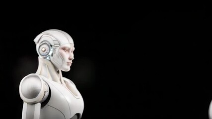 Poster - Two white humanoid robots with thin bodies and long necks replace each other in the frame.