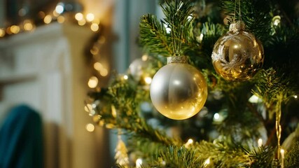 Aufkleber - Close-up of gold Christmas tree decorations hanging on the decorated green pine tree in front of a fireplace in a luxury home.