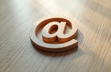 Poster - 3D render wooden symbol on light wood background. Illustration of email address, communication, modern digital tech. Symbol design. Perfect for web, graphic design, logo, UI, UX templates.