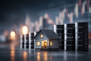 Aufkleber - A miniature house beside oil barrels and coins, showcasing the fluctuating energy prices and real estate market, creating a sense of economic uncertainty and dependence.