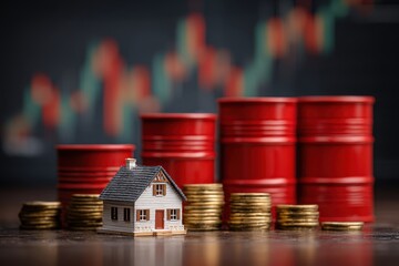 Poster - Real estate market affected by oil prices and interest rates depicted with house model, golden coins and red fuel barrels indicating financial market fluctuations