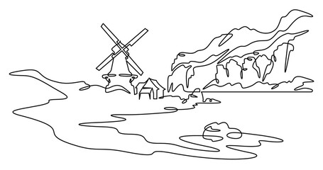 Poster - Continuous one line drawing mill on the river bank. Windmill. Old mill against the backdrop of hills. One continuous line isolated minimal illustration.Not AI.