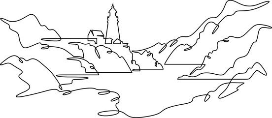 Poster - Continuous one line drawing lighthouse on a rocky cliff. Lighthouse on the seashore.One continuous line isolated minimal illustration.Not AI.
