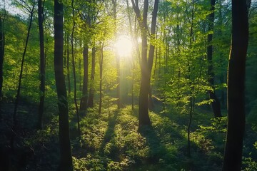 Poster - Vivid shades of fresh green in a spring beech forest at sunrise, Spring beech forest in vivid shades of fresh green illuminated by beautiful warm sun, gimbal shot