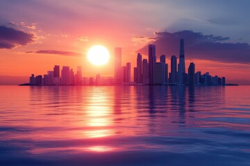 Aufkleber - Modern city skyline glows under sunset with ocean reflections, Modern city on ocean with sun behind, sunset